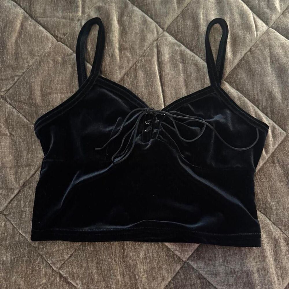 Vintage Rory Black Velvet Lace Up Corset Crop Top Made in USA 90s Y2K